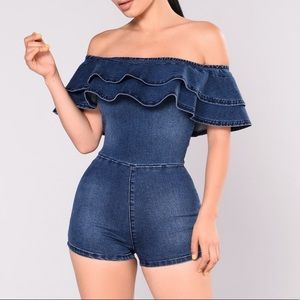 Fashion Nova - Estela Denim Romper (dark wash)